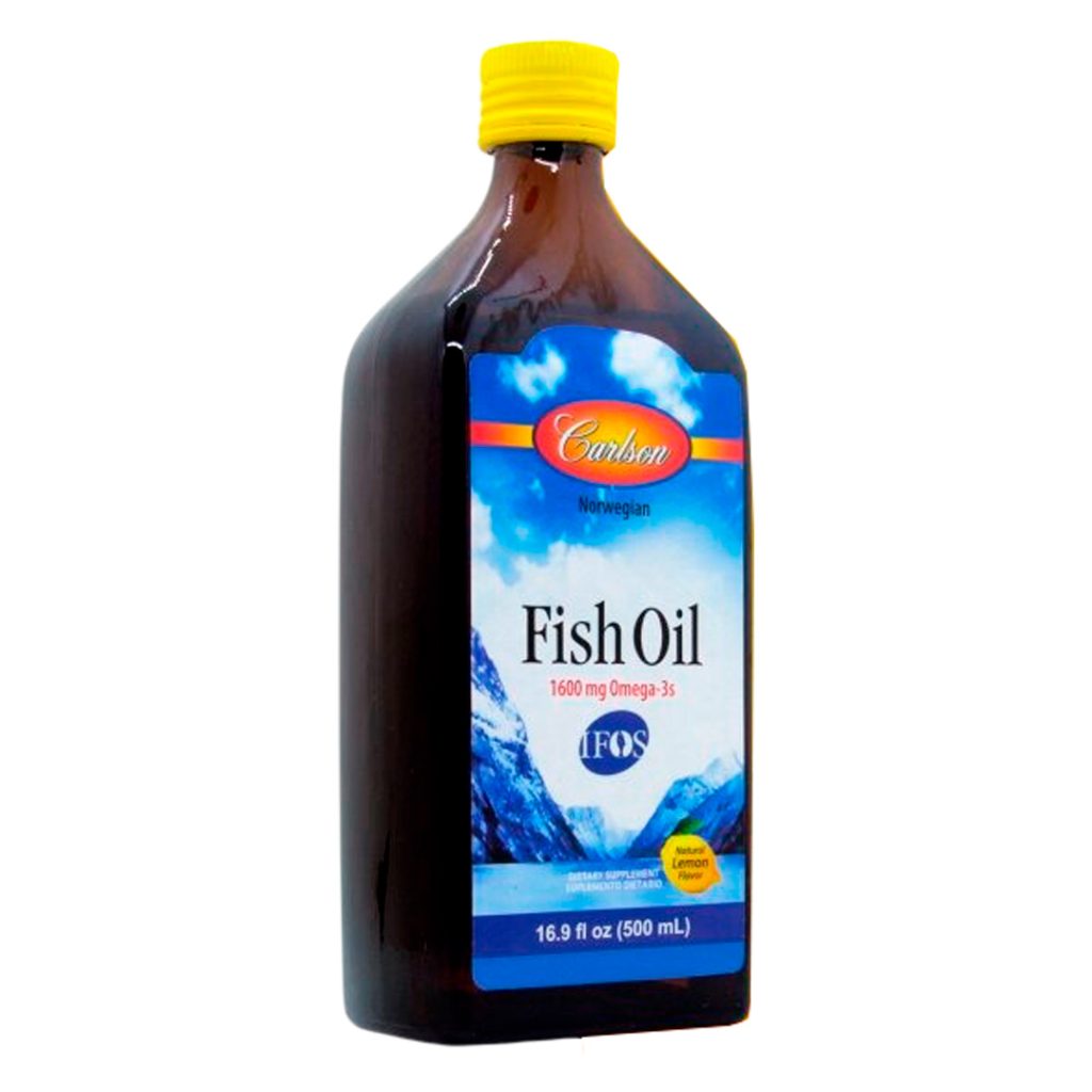 Botella de suplemento de aceite de pescado (Fish Oil) Carlson Norwegian, 1600 mg de omega-3, presentación líquida de 500 mL.