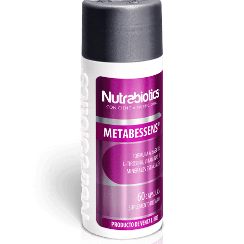 Una botella blanca y negra de NutraBiotics Metabessens con una etiqueta morada. El texto indica que se trata de un suplemento dietético con vitaminas y minerales. Diseño elegante.