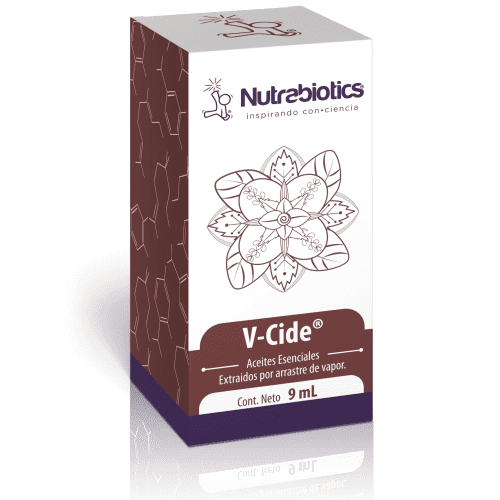 Caja de aceites esenciales Nutrobiotics V-Cide con un diseño floral geométrico y texto que detalla el producto. Los tonos terrosos transmiten una sensación natural y relajante.