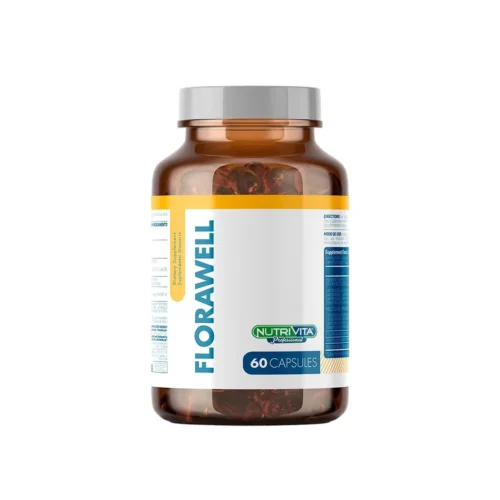 Frasco de Florawell Nutrivita 60 cápsulas, suplemento probiótico para apoyar la salud digestiva y la flora intestinal