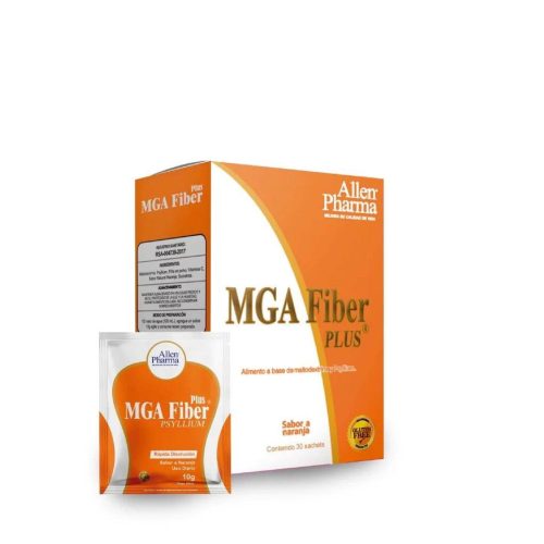 Caja naranja y blanca y sobre de MGA Fiber Plus de Allen Pharma. El envase destaca «psyllium», «sabor a naranja» y «sin gluten».