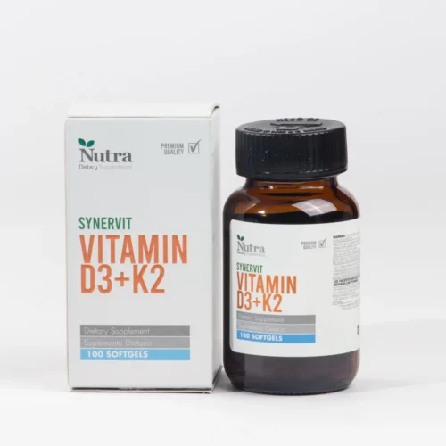 Frasco y caja de Nutra Synervit Vitamin D3K2 de Nutrivita con 100 softgels suplemento dietario