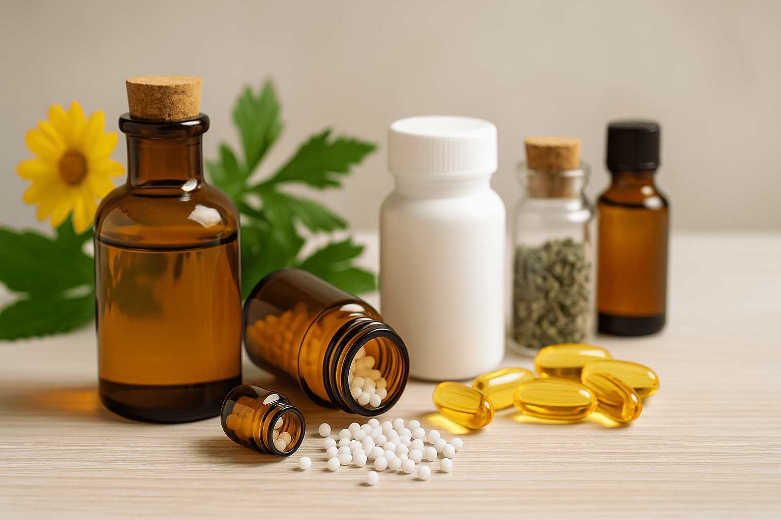 Medicamentos homeopáticos y productos no farmacoquímicos como suplementos dietarios y extractos naturales.