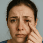 Persona con ojos rojos e irritados mostrando síntomas de lagrimeo y ardor ocular
