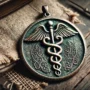Medallón metálico con el Caduceo de Mercurio, símbolo de sabiduría, sanación y energía vital, sobre fondo rústico de madera y tela.