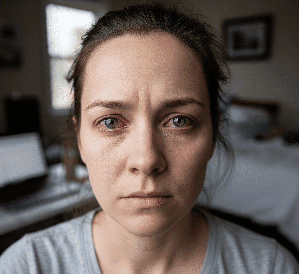 Mujer con ojos enrojecidos debido a irritación ocular, reflejando la necesidad de alivio y cuidado visual natural.