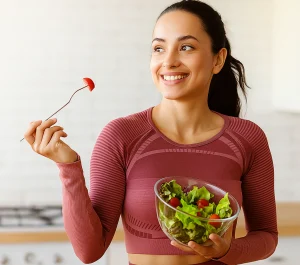 Mujer joven sonriente con ropa deportiva sostiene un bowl de ensalada fresca en una cocina luminosa, representando hábitos saludables y bienestar metabólico.