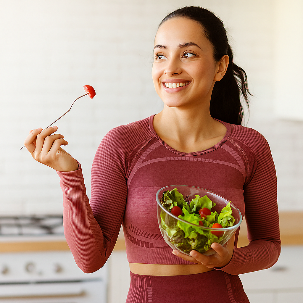 Mujer joven sonriente con ropa deportiva sostiene un bowl de ensalada fresca en una cocina luminosa, representando hábitos saludables y bienestar metabólico.