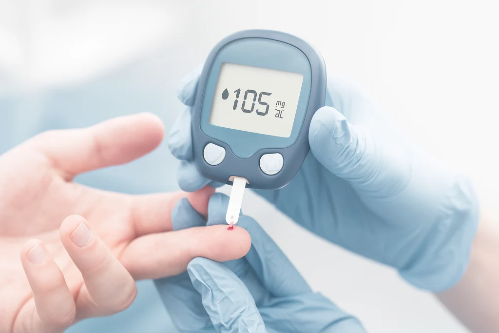 Primer plano de un medidor de glucosa sostenido por manos con guantes médicos mientras se mide el nivel de azúcar en sangre, sobre un fondo claro y limpio.