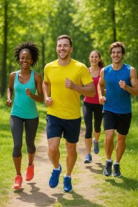 Grupo de personas corriendo al aire libre en un parque, mostrando energía, vitalidad y estilo de vida activo.