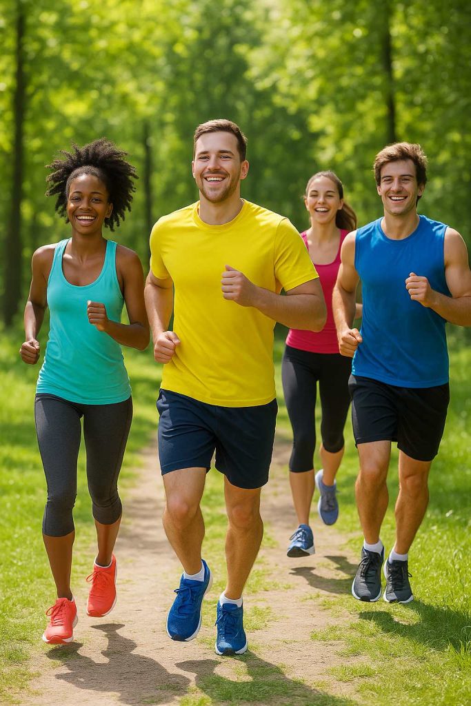 Grupo de personas corriendo al aire libre en un parque, mostrando energía, vitalidad y estilo de vida activo.