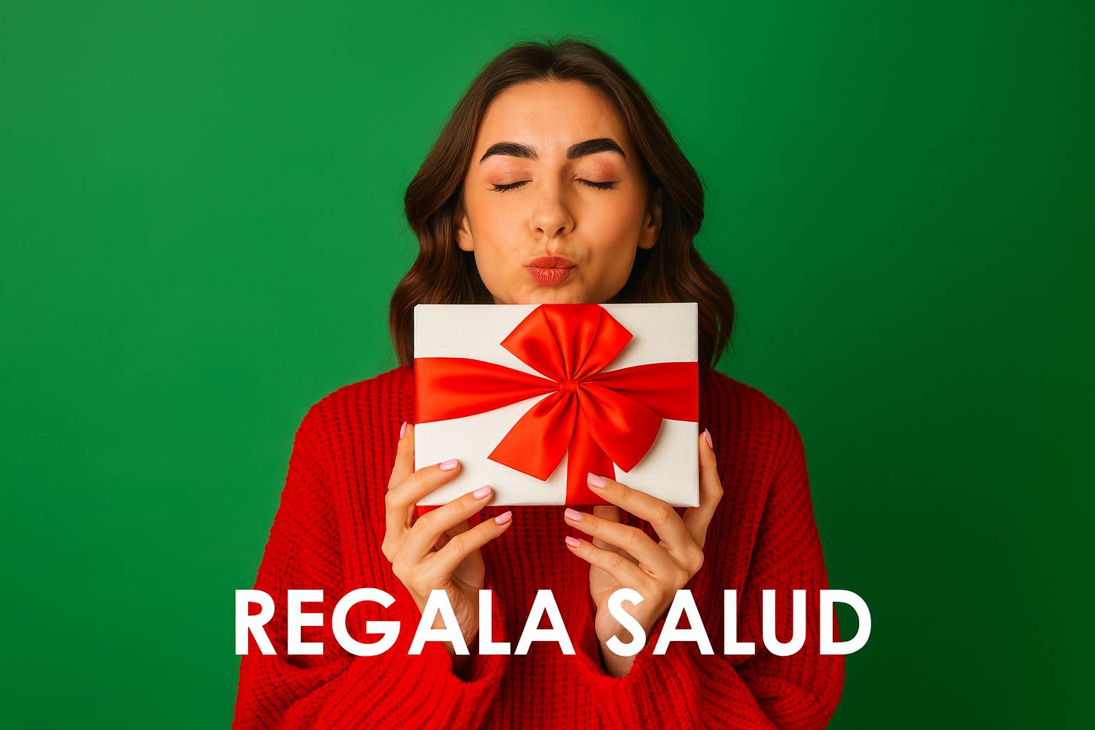 Mujer joven con suéter rojo sosteniendo un regalo con moño rojo sobre un fondo verde, representando la idea de regalar salud en Navidad.