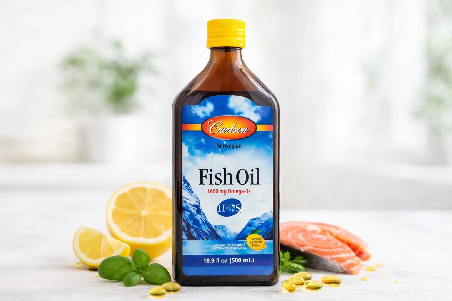 Fish Oil Carlson Norwegian Omega 3 líquido en botella de 500 ml, suplemento de aceite de pescado con EPA y DHA para la salud cardiovascular y cognitiva.