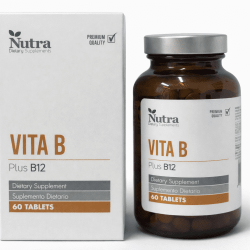 NUTRA Vita B Plus B12 Nutra 60 tabletas, suplemento dietario de complejo B para energía y sistema nervioso.