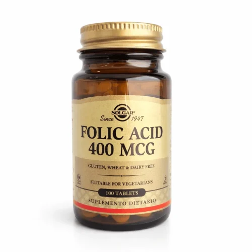 Frasco de Ácido Fólico 400 mcg Solgar con 100 tabletas, suplemento dietario libre de gluten y apto para vegetarianos.