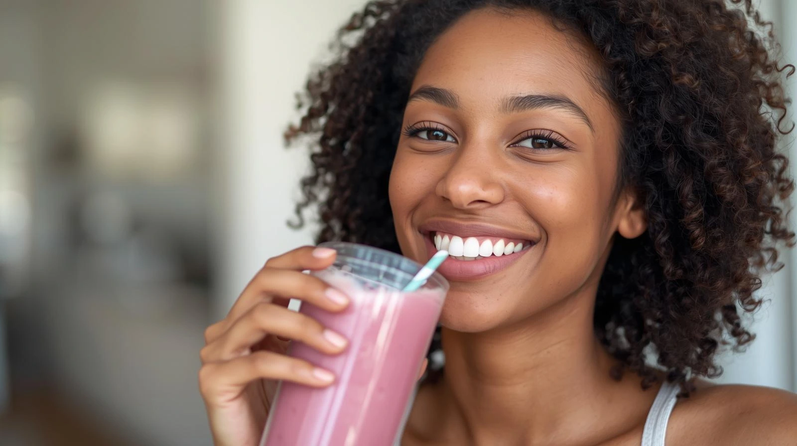 Mujer tomando batido de proteína vegana saludable en casa