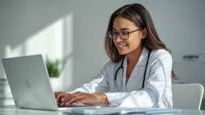 Mujer profesional trabajando con energía y claridad mental, concepto de vitamina B12 para sistema nervioso