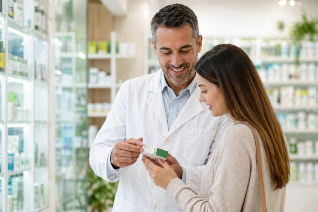 Farmacéutico brindando asesoría personalizada a cliente en farmacia de medicina natural en Colombia