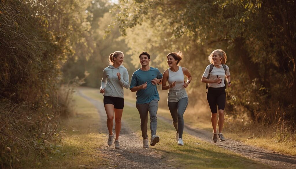 Personas corriendo al aire libre mostrando bienestar y alivio del dolor muscular con un estilo de vida activo
