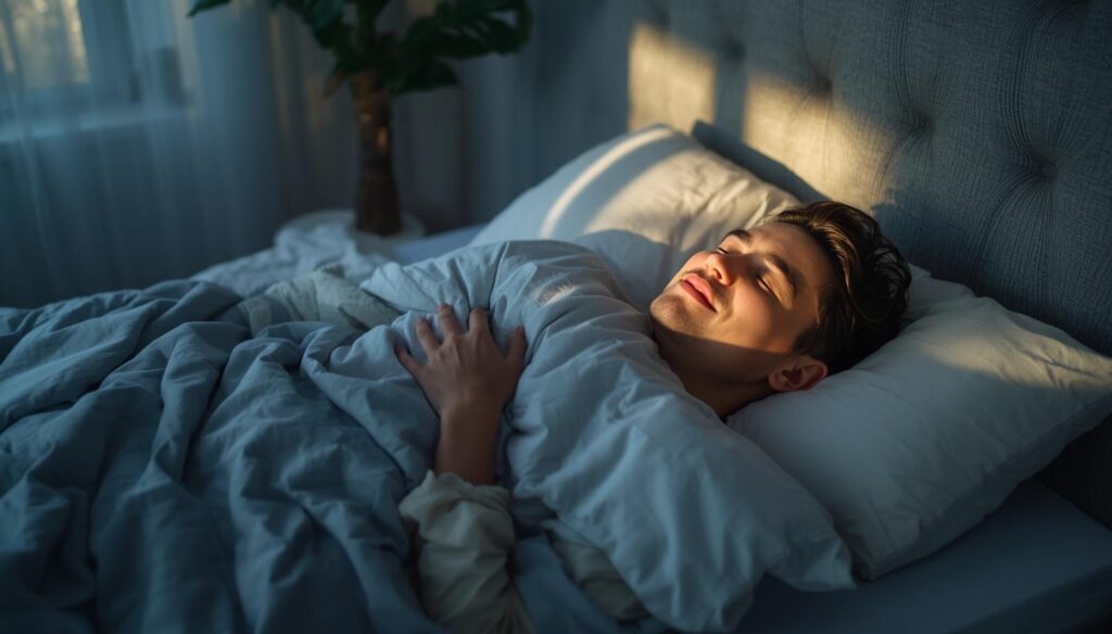 Persona despertando relajada y feliz después de dormir bien, con luz natural entrando en la habitación
