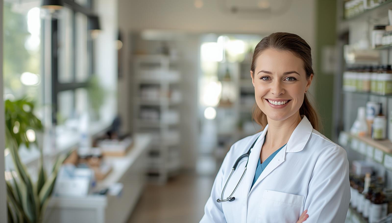 Farmacéutica en farmacia natural en Colombia brindando atención profesional en medicina homeopática