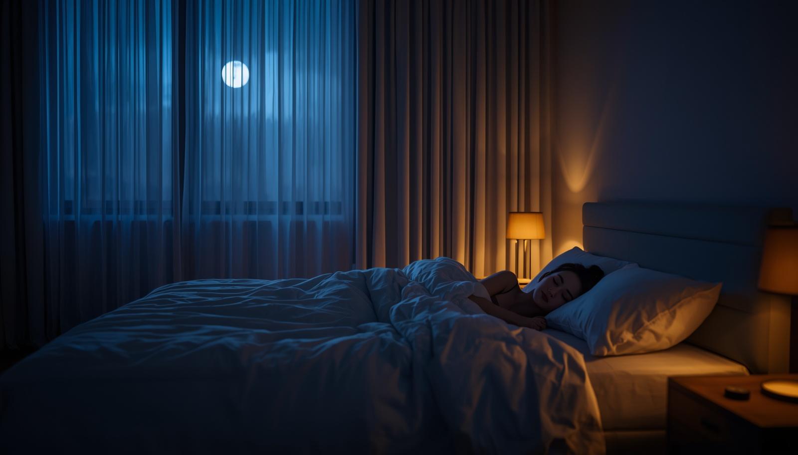 Persona durmiendo profundamente en habitación con luz cálida y ambiente nocturno, concepto de melatonina para dormir mejor