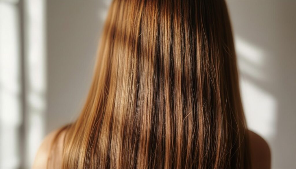 Detalle de cabello largo, brillante y saludable relacionado con el uso de biotina