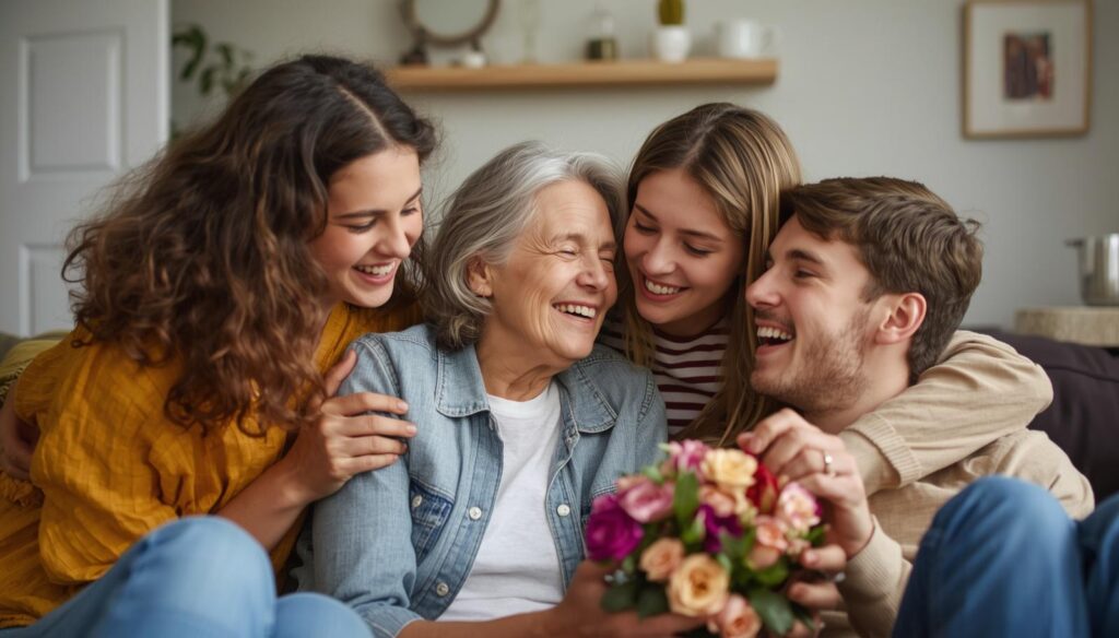 Familia celebrando el Día de la Madre en casa con una mamá feliz y saludable