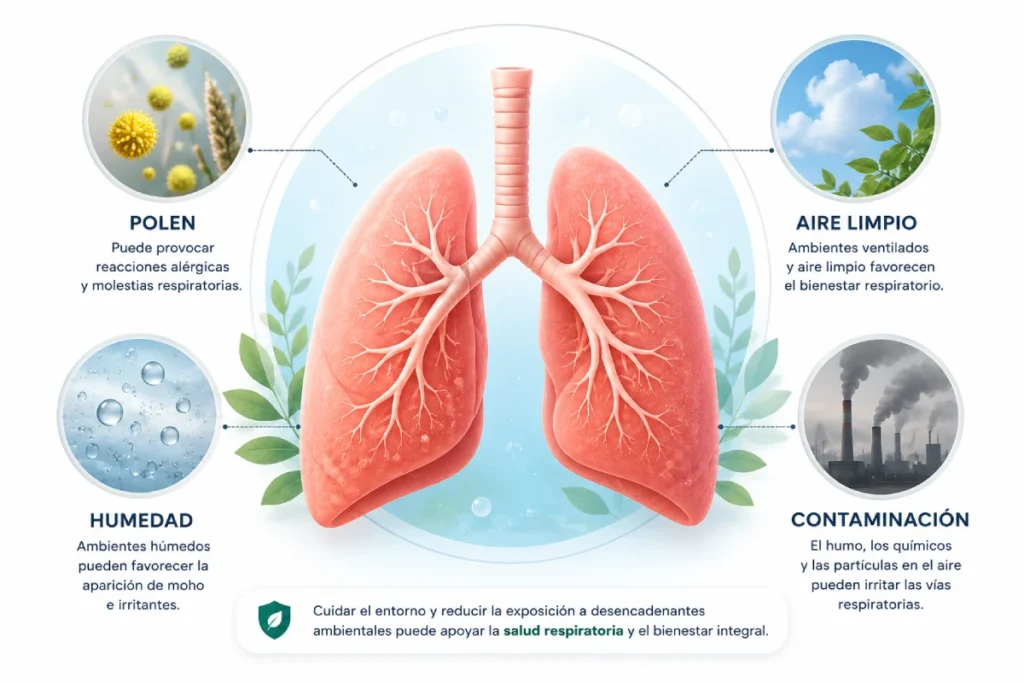 Ilustración de pulmones y factores ambientales como polen, humedad, contaminación y aire limpio relacionados con la salud respiratoria