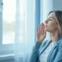 Mujer respirando profundamente junto a una ventana durante el Mes de la Concientización sobre el Asma y el bienestar respiratorio