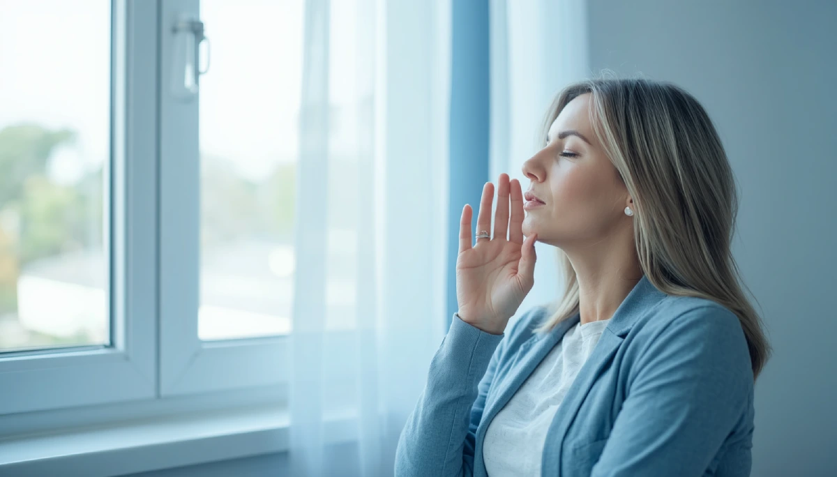 Mujer respirando profundamente junto a una ventana durante el Mes de la Concientización sobre el Asma y el bienestar respiratorio
