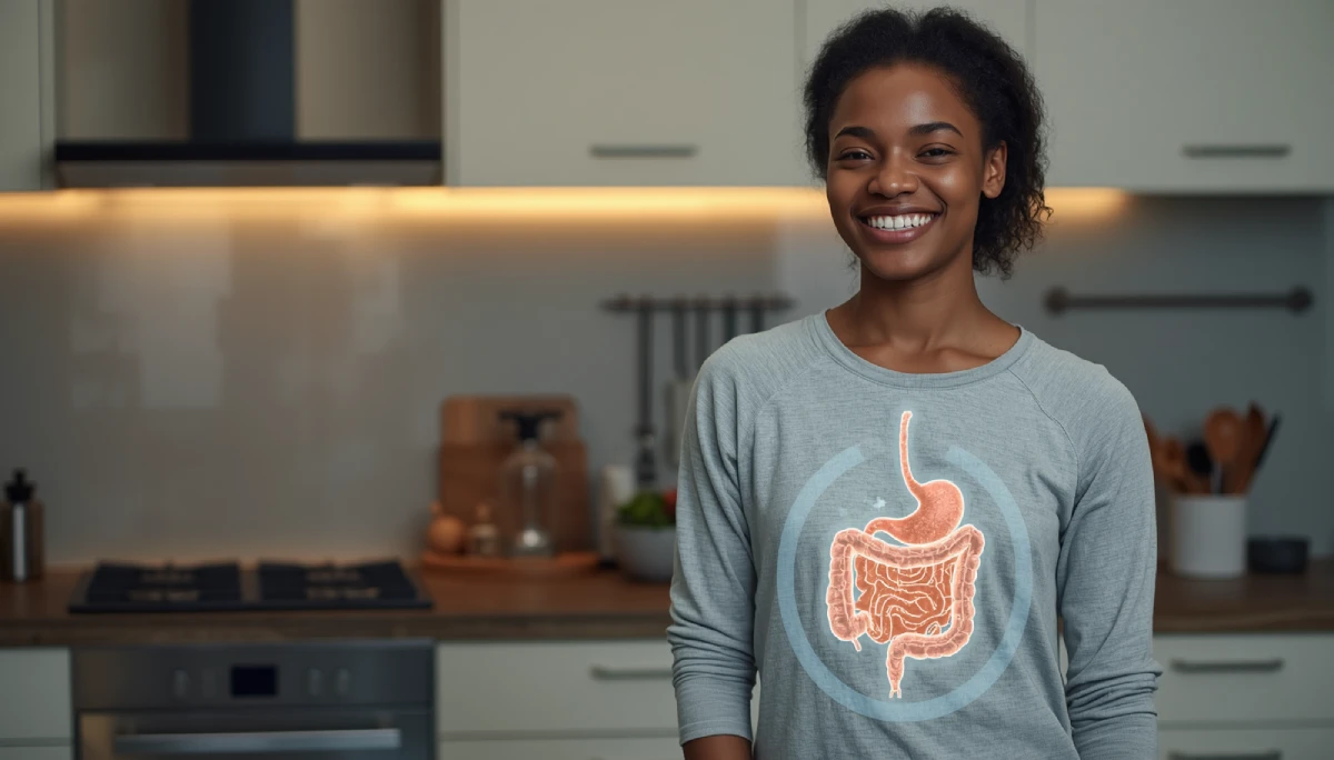 Mujer sonriendo con ilustración del sistema digestivo, representando salud intestinal y beneficios de los probióticos.