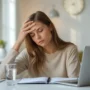 Mujer con expresión de cansancio trabajando desde casa frente a un computador, relacionada con falta de energía y agotamiento diario.