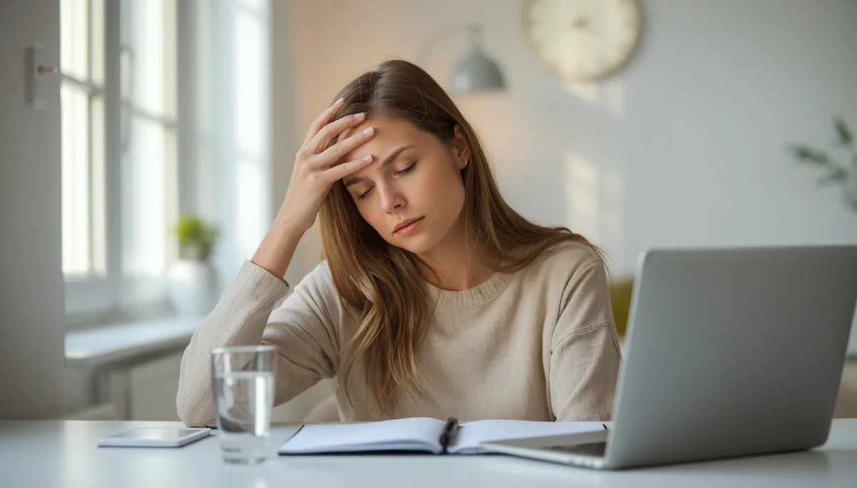 Mujer con expresión de cansancio trabajando desde casa frente a un computador, relacionada con falta de energía y agotamiento diario.