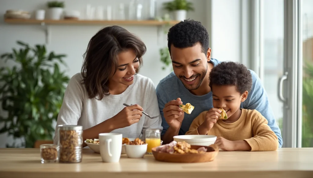 Familia compartiendo un desayuno saludable, representando hábitos relacionados con salud intestinal, bienestar digestivo y probióticos.