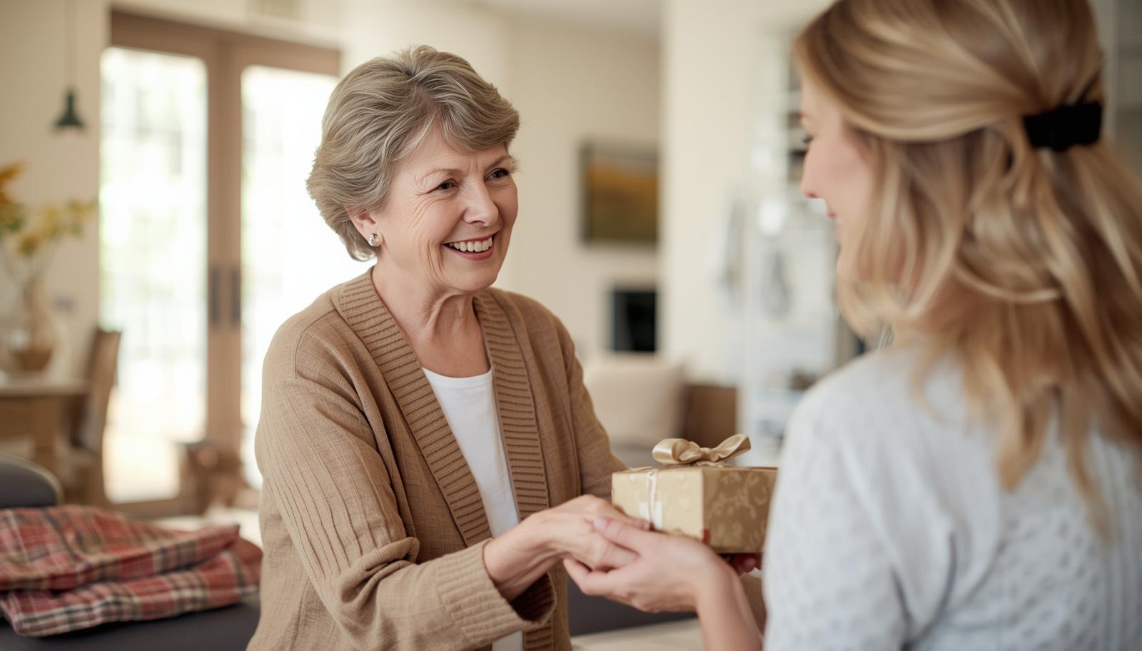 Mamá sonriendo al recibir un regalo natural para el Día de la Madre en casa