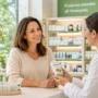 Mujer recibiendo asesoría en una farmacia homeopática especializada con productos naturales y bienestar integral.