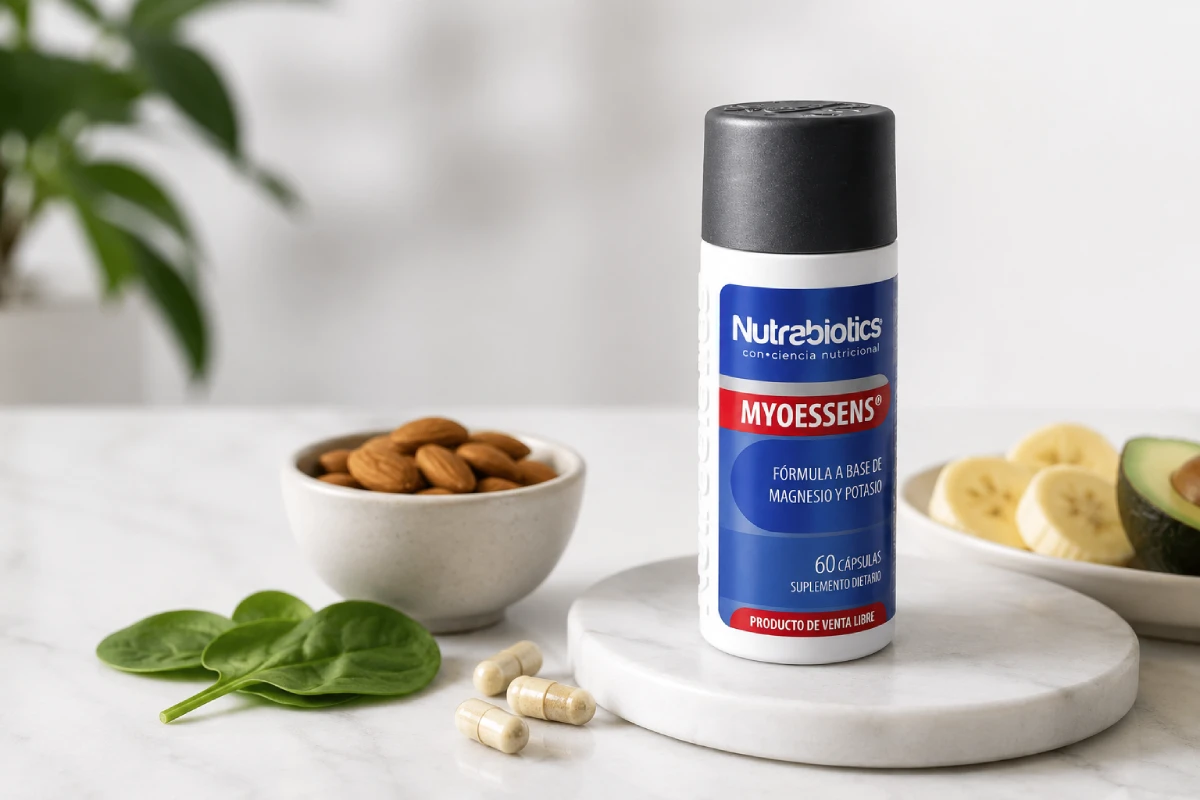 Myoessens de Nutrabiotics, suplemento dietario con magnesio y potasio acompañado de alimentos ricos en estos minerales para apoyar la función muscular.