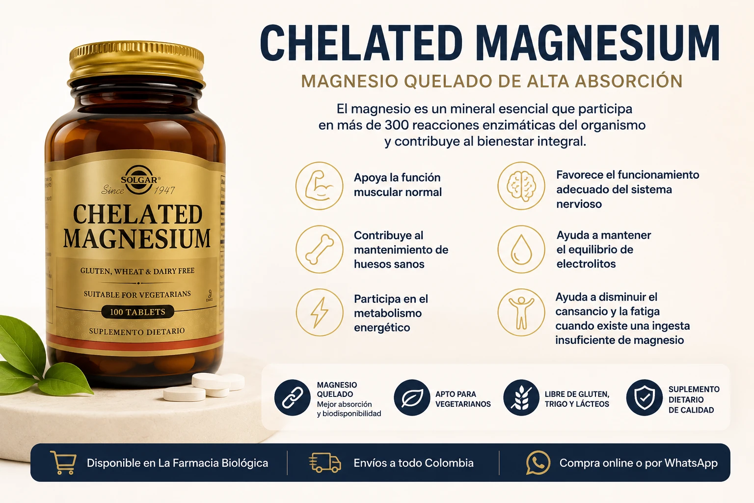 Chelated Magnesium de Solgar, suplemento de magnesio quelado de alta absorción para apoyar la función muscular, la salud ósea y el sistema nervioso.