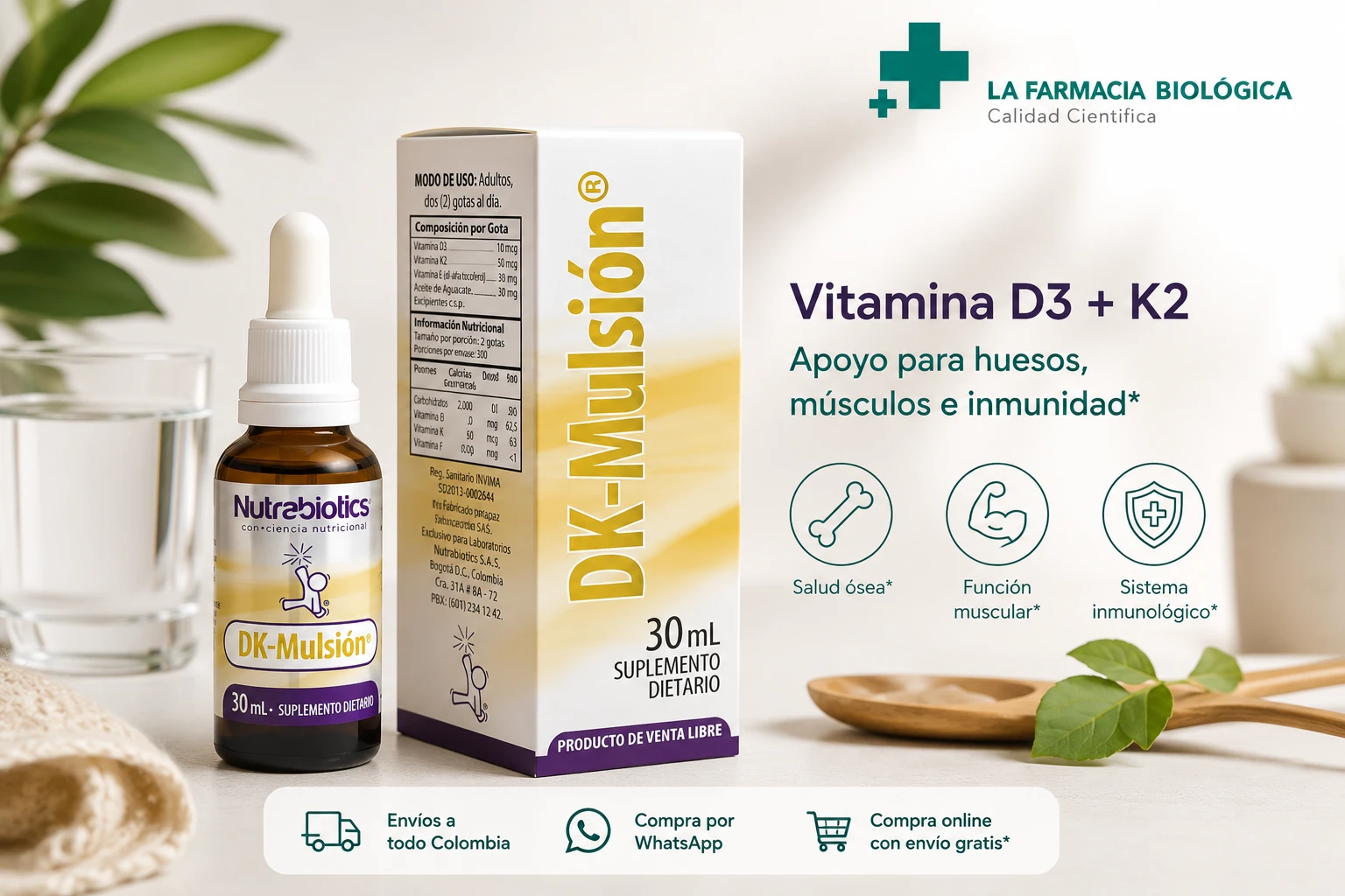 DK Mulsion gotas de Nutrabiotics con vitamina D3 y K2 para apoyar la salud ósea, muscular y el sistema inmunológico.