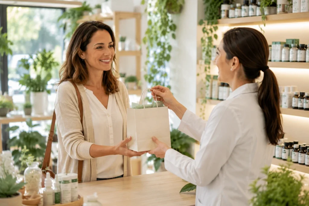 Cliente recibiendo una compra con productos de una farmacia homeopática especializada durante una atención personalizada.