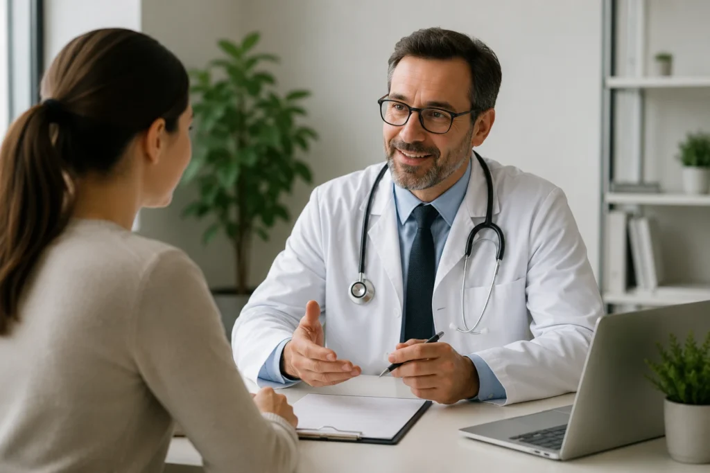 Médico brindando orientación sobre medicina biológica y homeopatía durante una consulta en Colombia