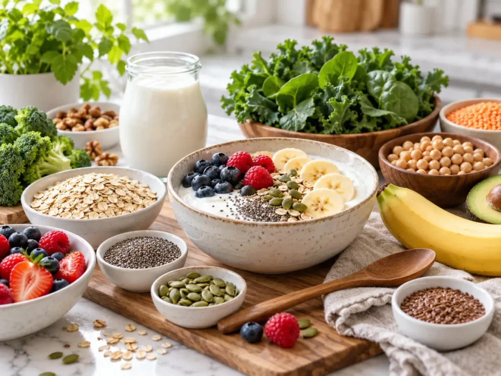 Alimentos ricos en fibra y yogur natural para apoyar una alimentación orientada a la salud intestinal