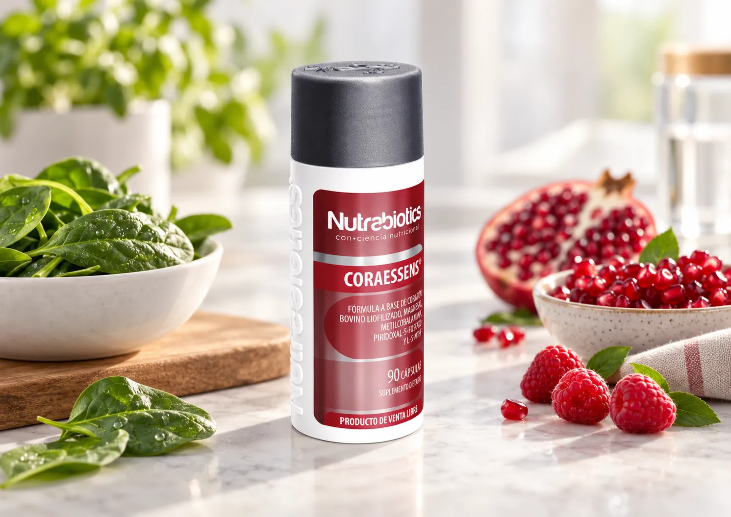 Coraessens de Nutrabiotics junto a espinaca y frutos rojos en una composición de bienestar nutricional