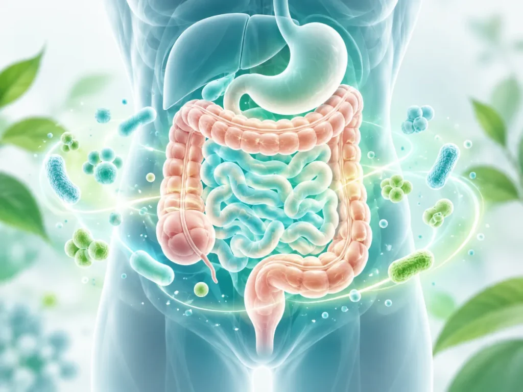 Ilustración de la microbiota intestinal y el sistema digestivo con microorganismos beneficiosos
