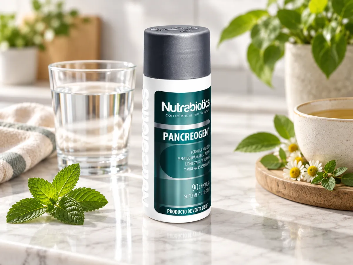 Pancreogen de Nutrabiotics en una composición de bienestar con agua y elementos naturales