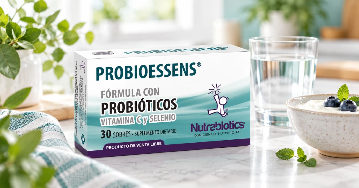 Probioessens de Nutrabiotics junto a agua y yogur en una composición de bienestar digestivo