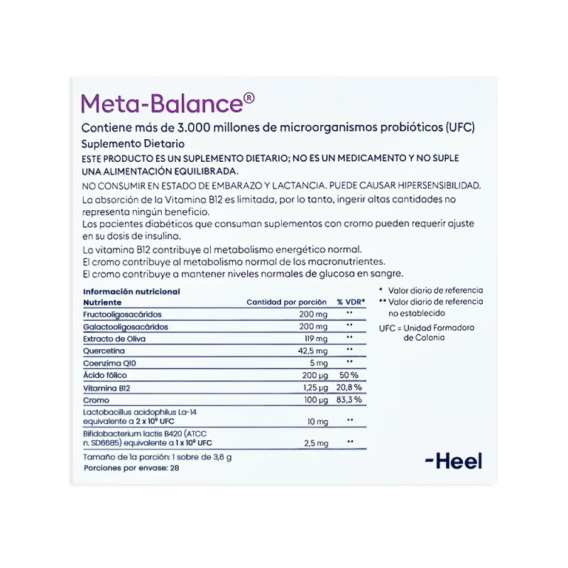 Información nutricional de Meta-Balance Heel con probióticos y prebióticos