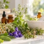 Preparaciones homeopáticas con plantas medicinales, frascos ámbar y elementos botánicos asociados a la línea Spag Zimpel